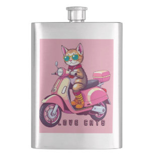 Süße rosa Katze mit Brille und Motorrad Flachmann
