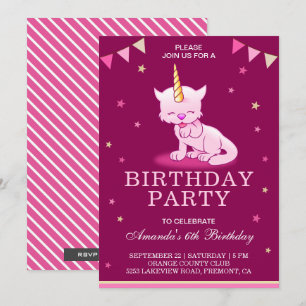 Süße rosa Katzen-Einhorn-Geburtstagsparty-Einladun Einladung