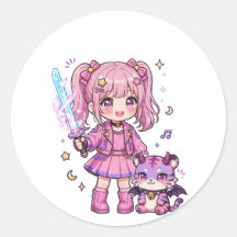 Süße rosa Kawaii-Dämonenjägerin mit magischem Schw