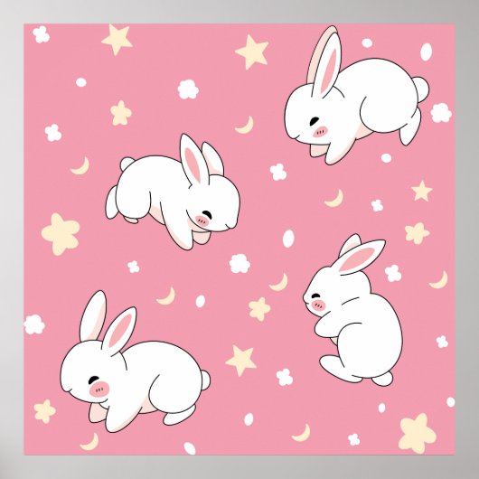 Süße rosa Kawaii-Hasen-Doodle Poster (Vorne)