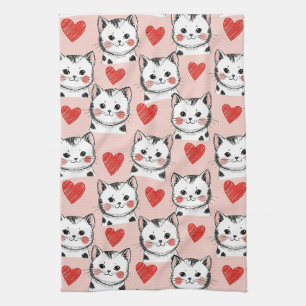 Süße rosa Kawaii-Katzen und Herz-Muster (8) Geschirrtuch