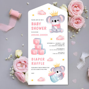 Süße rosa Königin Koala-Bär Mädchen Baby-Party All In One Einladung