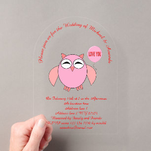 Süße rosa Lieb-dich-Eule Hochzeit Acryleinladungen