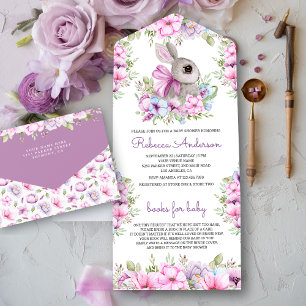 Süße rosa lila florale Häschen-Baby-Party All In One Einladung