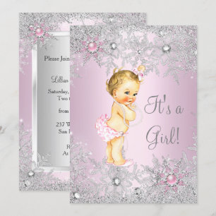Süße rosa Mädchen Baby Shower Schneeflocke Blond Einladung