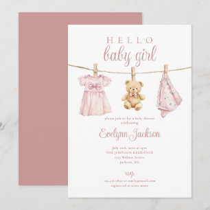 Süße rosa Mädchenkleidung Wäscheleine Baby Shower Einladung