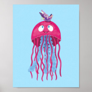 Süße rosa Quallen Cartoon-Charakter-Grafik Poster