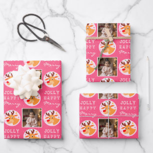Süße rosa Rentiere Familienfoto Weihnachten Geschenkpapier Set
