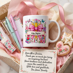 Süße rosa Retro-Blumen Cartoon Bleistift Lehrer Kaffeetasse