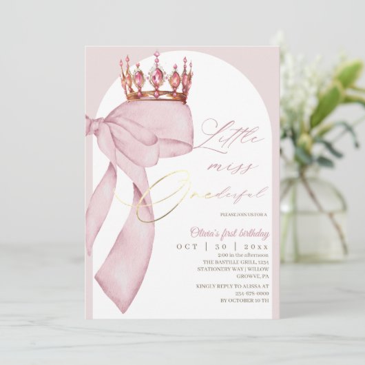 Süße rosa Schleife 1. Geburtstag Einladung (Stehend Vorderseite)