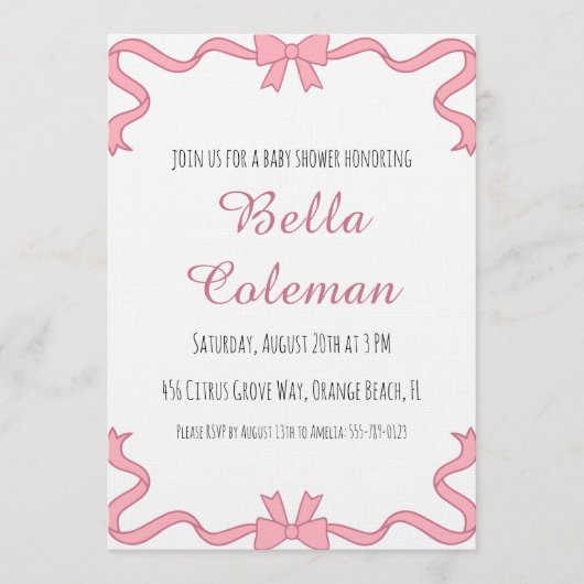 Süße rosa Schleife Baby Shower Einladung (Vorderseite)