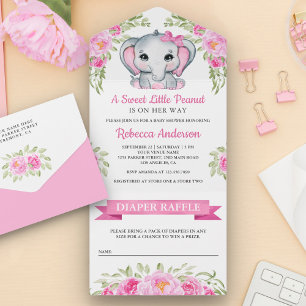 Süße rosa Schleife Blumenelefant Baby Shower All In One Einladung
