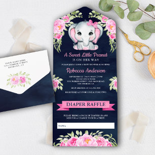 Süße rosa Schleife Floraler Elefant Marine Baby-Pa All In One Einladung