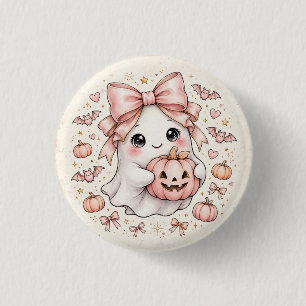 Süße rosa Schleife Geist Halloween-Kürbis-Party Button