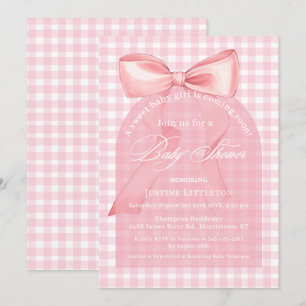 Süße rosa Schleife Gingham-Bogen Mädchen Baby-Part Einladung