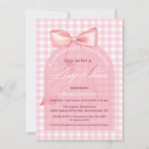 Süße rosa Schleife Gingham Bogen Schrift Mädchen B Einladung