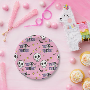 Süße rosa Skelette für Halloween Pappteller