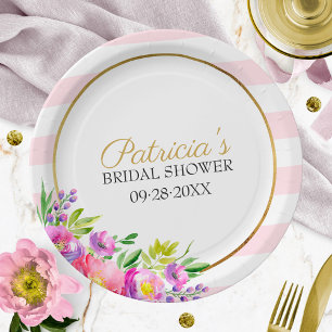 Süße rosa und goldene florale Wasserfarben-Bridal- Pappteller