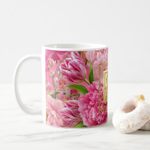 Süße rosa und grüne Pfingstrosen-Tulpen-Monogramm- Kaffeetasse