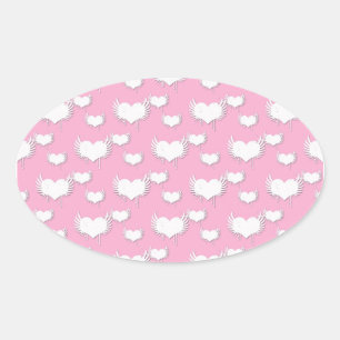 Süße rosa und weiße Herzen mit Flügeln Ovaler Aufkleber