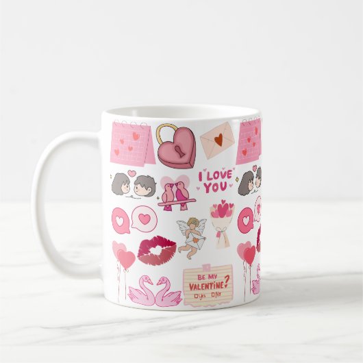 Süße rosa Valentinstag-Liebe-Doodles-Sammlung Kaffeetasse (Links)