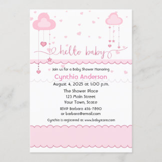 Süße rosa Wolken und Herz-Babyparty Einladung