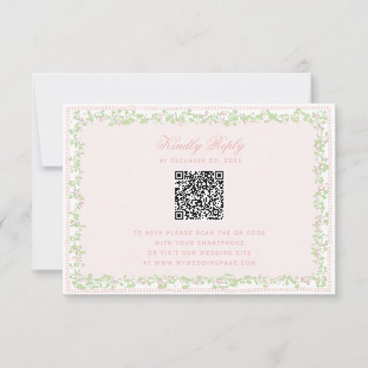 Süße Rosafarben-Blumenrahmen-RSVP mit Bogen-QR-Cod (Vorderseite)