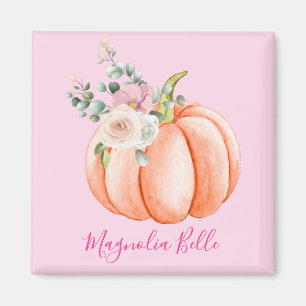 Süße rosafarbene Frühlingsblumen-Kürbis Namensschi Magnet