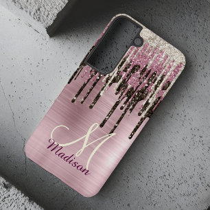 Süße Roségold-Braun-Glitter-Tropfen-Monogramm Samsung Galaxy Hülle