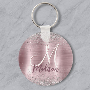 Süße Rosenschamrot Silber-Fauxglitter-Monogramm Schlüsselanhänger