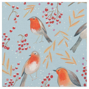 Süße rote blaue Winter Weihnachten Vögel Rotkehlch Stoff