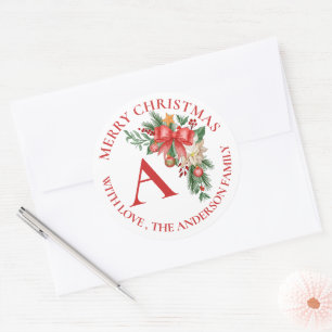 Süße rote Blumen Beeren Monogramm Frohe Weihnachte Runder Aufkleber