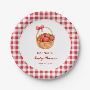 Süße rote Gingham-Erdbeer-Mädchen-Baby-Party Pappteller