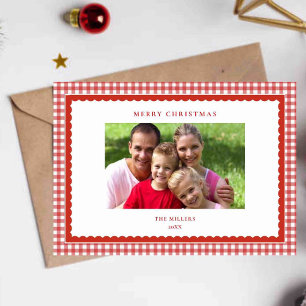 Süße rote Gingham-Weihnachts-Fotogrußkarte Feiertagskarte