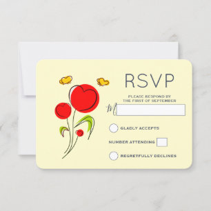 Süße rote Herzblumen und gelbe Schmetterlinge RSVP Karte