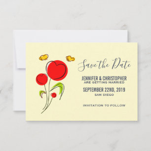 Süße rote Herzblumen und gelbe Schmetterlinge Save The Date