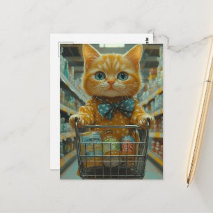 Süße rote Katze beim Einkaufen von Lebensmitteln Postkarte