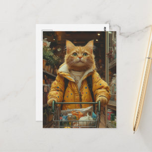 Süße rote Katze beim Einkaufen von Lebensmitteln Postkarte