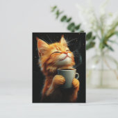Süße rote Katze mit einem Kaffee Postkarte (Stehend Vorderseite)
