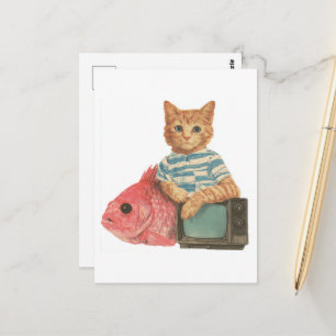 Süße rote Katze mit Goldfisch und TV Retro-Collage Postkarte