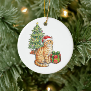 Süße rote Katze mit Weihnachtsmannmütze Weihnachts Keramik Ornament