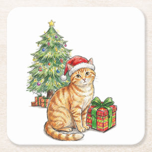 Süße rote Katze mit Weihnachtsmannmütze Weihnachts Rechteckiger Pappuntersetzer