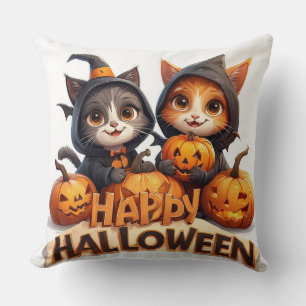 Süße rote Katzen in Hexenhüten Halloween-Kürbisse Kissen