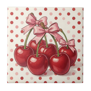 Süße rote Kirschen rosa Schleifen Retro-Punkte  Fliese