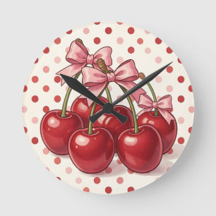Süße rote Kirschen rosa Schleifen Retro-Punkte  Runde Wanduhr