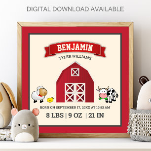 Süße rote Scheune Bauernhoftiere Baby Geburtsstati Poster