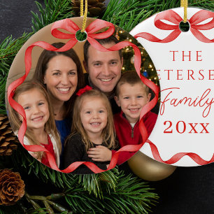 Süße rote Schleife Familienfoto Andenken Weihnacht Keramik Ornament