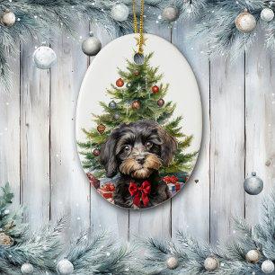 Süße rote Schleife Schwarz Tan Cavapoo Hund Weihna Keramik Ornament