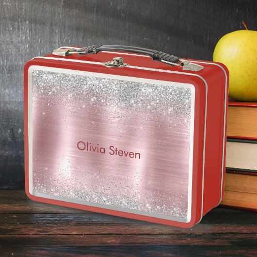 Süße Röte Silber-Faux-Glitter-Monogramm Metall Brotdose