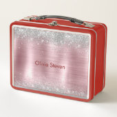 Süße Röte Silber-Faux-Glitter-Monogramm Metall Brotdose (Vorderseite)